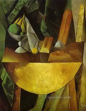 Plato de pan y frutas sobre una mesa 1909 cubismo Pablo Picasso Pinturas al óleo